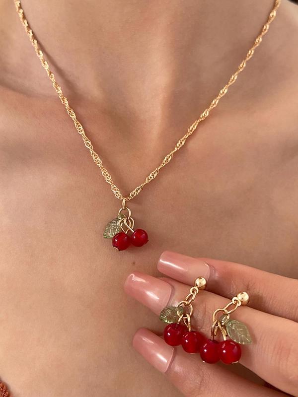 Cute Cherry Design Pendant Necklace & Dangle Earrings, Fashion Jewelry for Party, Daily Clothing Decor, Trendy All-match & Exquisite Jewelry for Birthday Gift