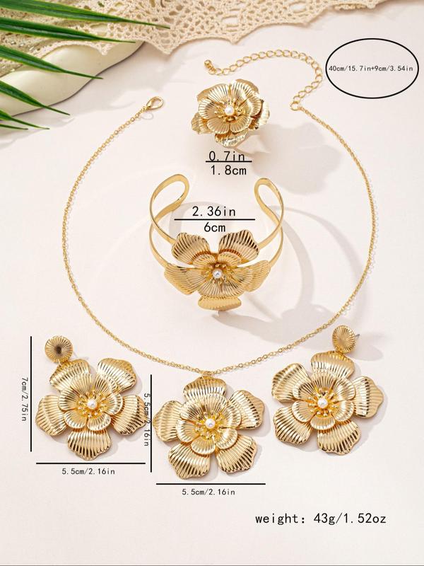 Flower Design Faux Pearl Decorated Jewelry Set, Fashion Necklace & Earrings & Ring & Bracelet for Party, Daily Decor, Trendy All-match & Exquisite Jewelry for Birthday Gift