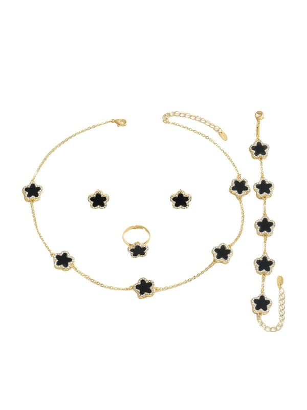 Women's Elegant Rhinestone Decor Flower Design Jewelry Set, Exquisite Trendy Necklace & Earrings & Ring & Bracelet, Chic Jewelry Set for Party & Daily Decor