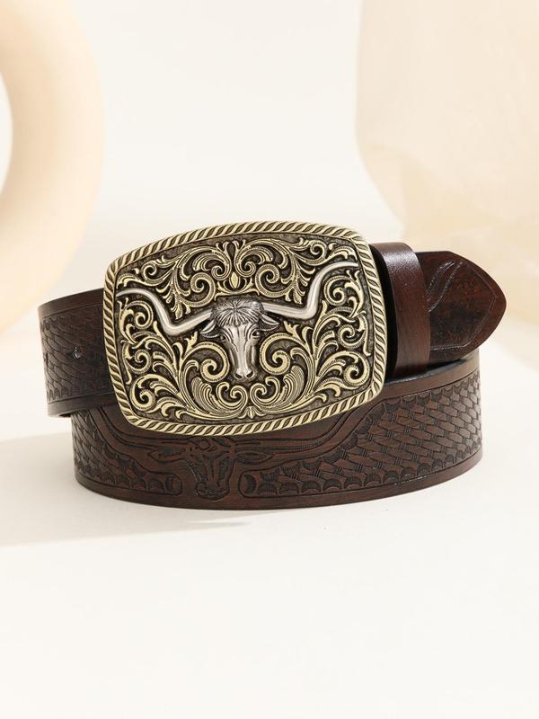 Men's Boho Style Western Style Pu Buckle Belt, Vintage Style Bull Head Decorative Belt, Fashion Clothes Accessories for Daily Wear for Gift