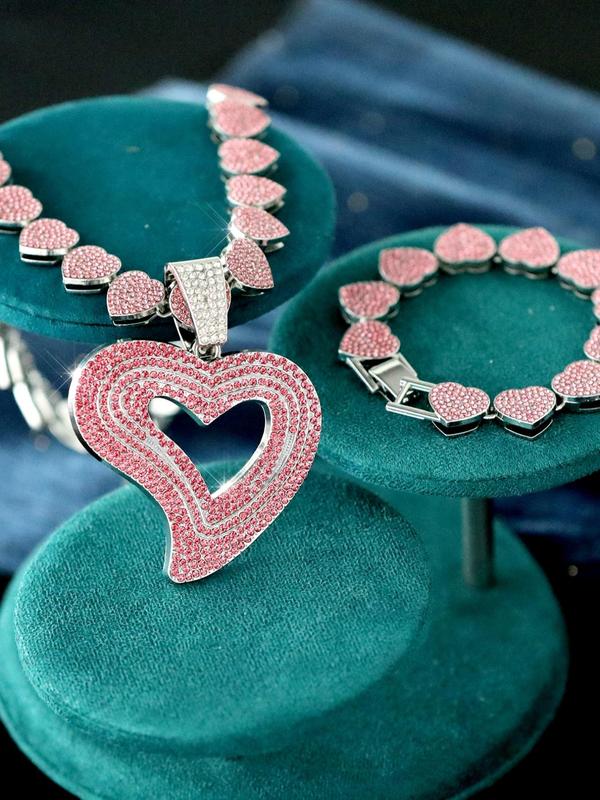 Women's Elegant Rhinestone Decorated Heart Design Necklace & Bracelet, Exquisite Trendy Jewelry Set, Fashionable Accessories for Women & Girls