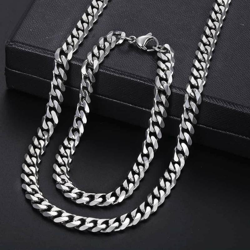 5MM Stainless Steel Curb Cuban Chain Necklace Bracelet Silver Color Jewelry Set for Men Women