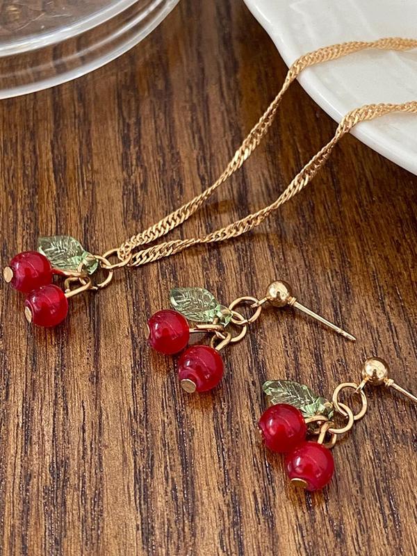 Cute Cherry Design Pendant Necklace & Dangle Earrings, Fashion Jewelry for Party, Daily Clothing Decor, Trendy All-match & Exquisite Jewelry for Birthday Gift