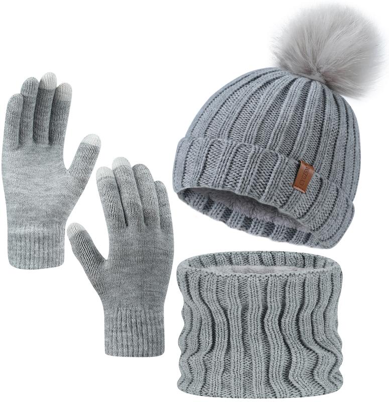 Cozy 3pcs Winter Set: Thick Knit Beanie, Scarf & Gloves - Warm Fleece-Lined for Outdoor Adventures