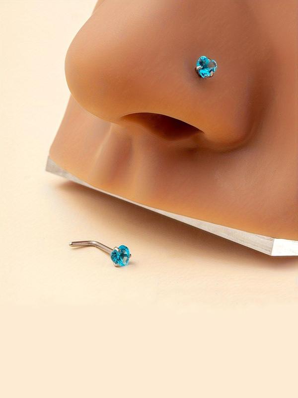 Summer Rhinestone Decor Heart Design L-shaped Nose Studs, Trendy Exquisite Jewelry Body Jewelry for Women & Girls for Party, Daily Back To School