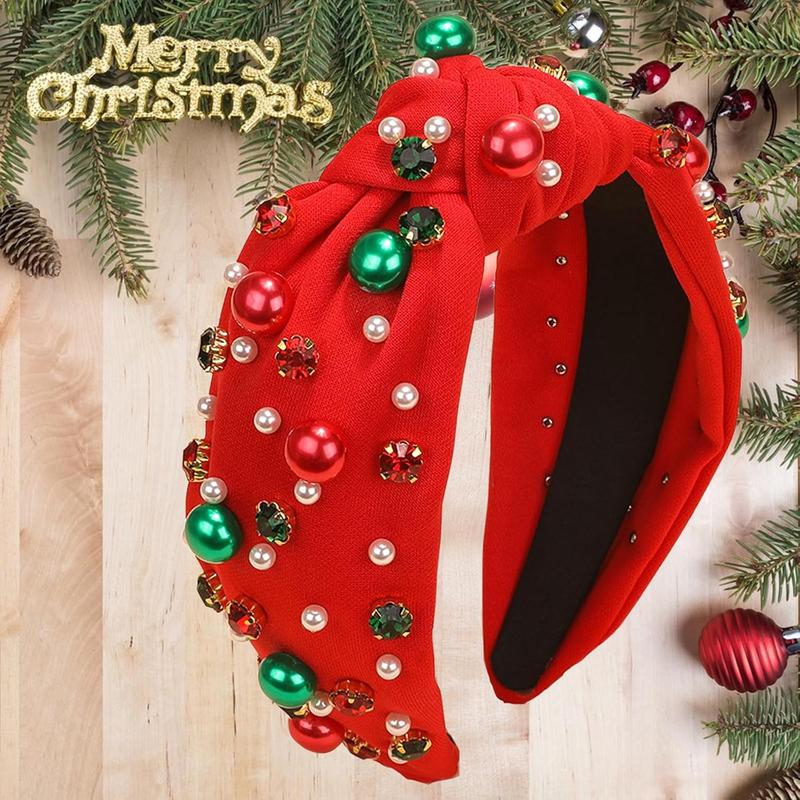 Christmas Headband for Women Pearl Knotted Headband Xmas Red Green Pearl Rhinestone Crystal Jeweled Hairband Fashion Elegant Ladies Wide Top Knot Hair Bands Headpiece Holiday Outfits Gifts (Red)