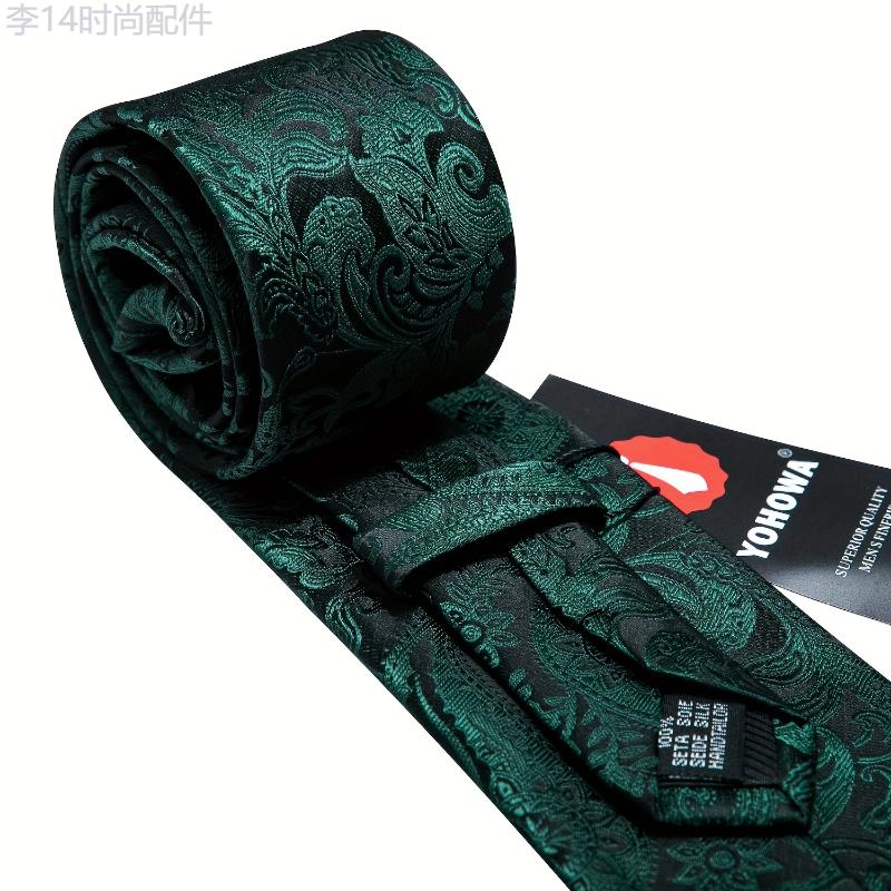 Vibrant Green Paisley Mens Fashion Tie Set - Luxury Floral Jacquard, Tie, Pocket Square & Cufflinks - Perfect for Wedding Parties, Ideal Gift for Him