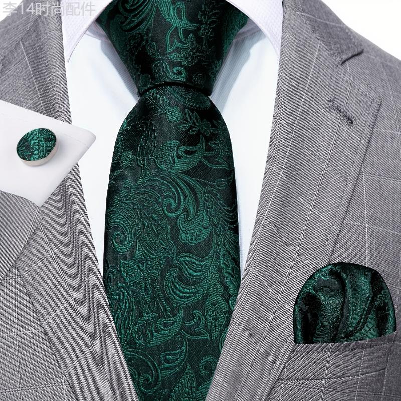 Vibrant Green Paisley Mens Fashion Tie Set - Luxury Floral Jacquard, Tie, Pocket Square & Cufflinks - Perfect for Wedding Parties, Ideal Gift for Him