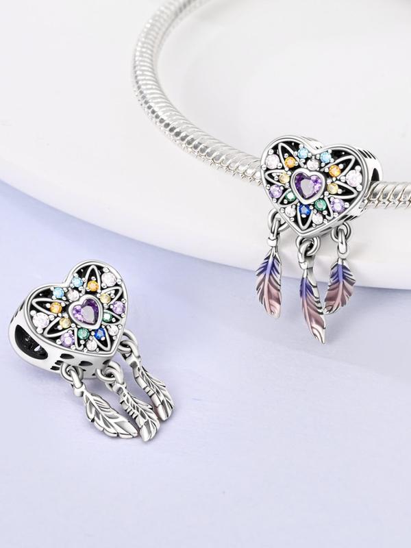 Rhinestone Decorated Dreamcatcher Design Bead, Heart Shaped Feather Design Bead, DIY Jewelry Making Supplies for Bracelet Necklace Gift