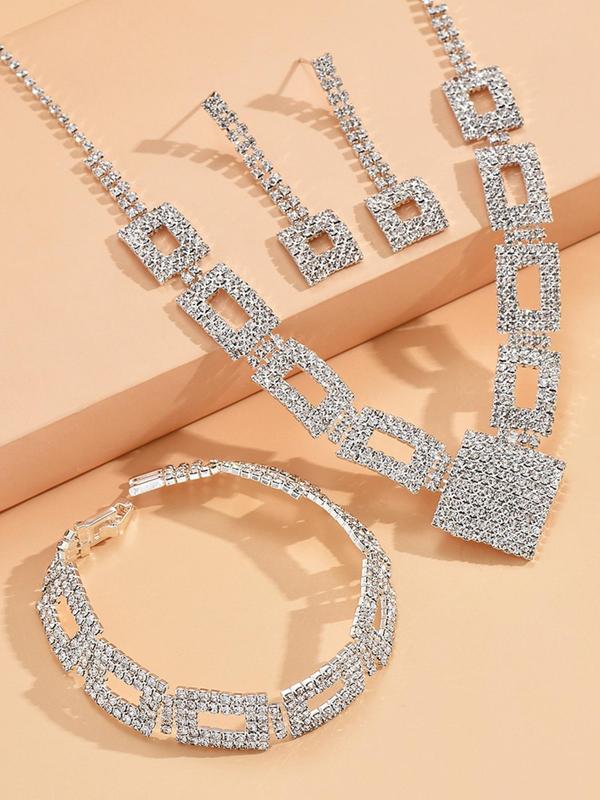 4pcs Elegant Rhinestone Decorated Inlay Jewelry Set, Including Necklace, Dangle Earrings & Bracelet Set, Fashion Jewelry Accessories As Gift for Women for Evening Party