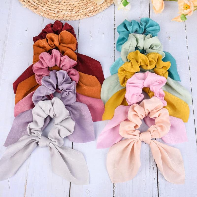 14 Pieces Bow Hair Scrunchies Bunny Ears Silk Scrunchies Hair Ties Elastic Ponytail Holder Hair Accessories for Women