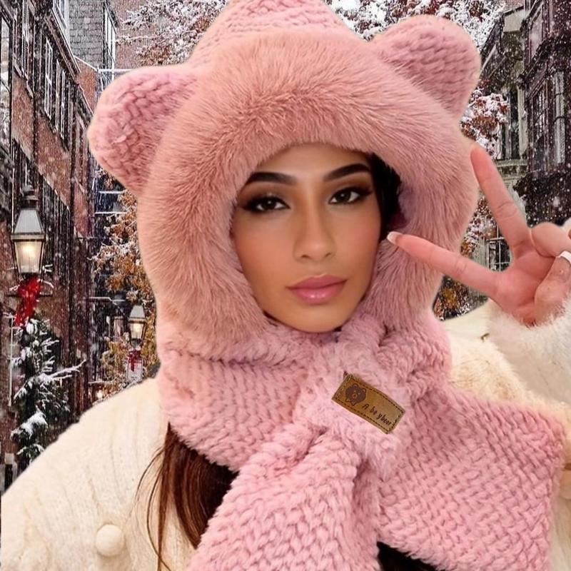 Women's Cute Bear Ear Design Knit Hat & Scarf, Casual Soft Comfortable Warm Hat & Scarf for Fall & Winter, Women's Outdoor Sports Hat, Christmas Gift