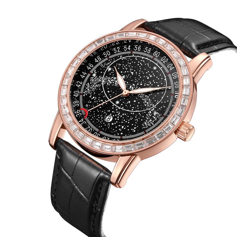 Men Fashion Watch Starry Dial Rose Gold Baguette Diamond Quartz Wrist Watch for Men Waterproof Leather Strap Analog Watches