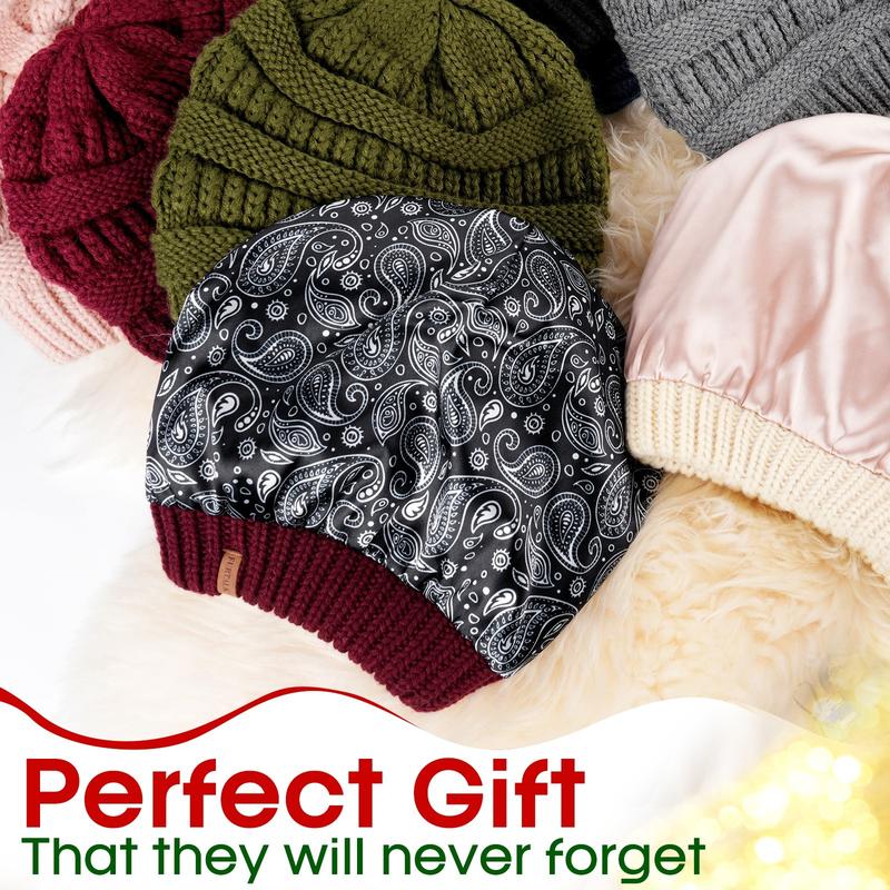 FURTALK Winter Beanie Hat for Women Satin Lined Cable Knit Chunky Slouchy Beanies Skull Warm Cap satin  hat