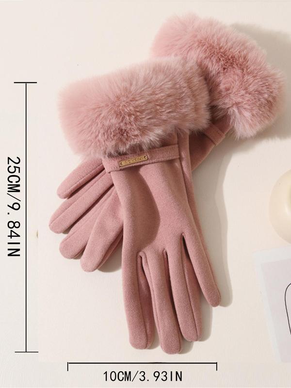 Women's Solid Color Contrast Faux Fur Design Gloves, Cute Warm Gloves for Fall & Winter, Fashion Accessories for Women & Girls