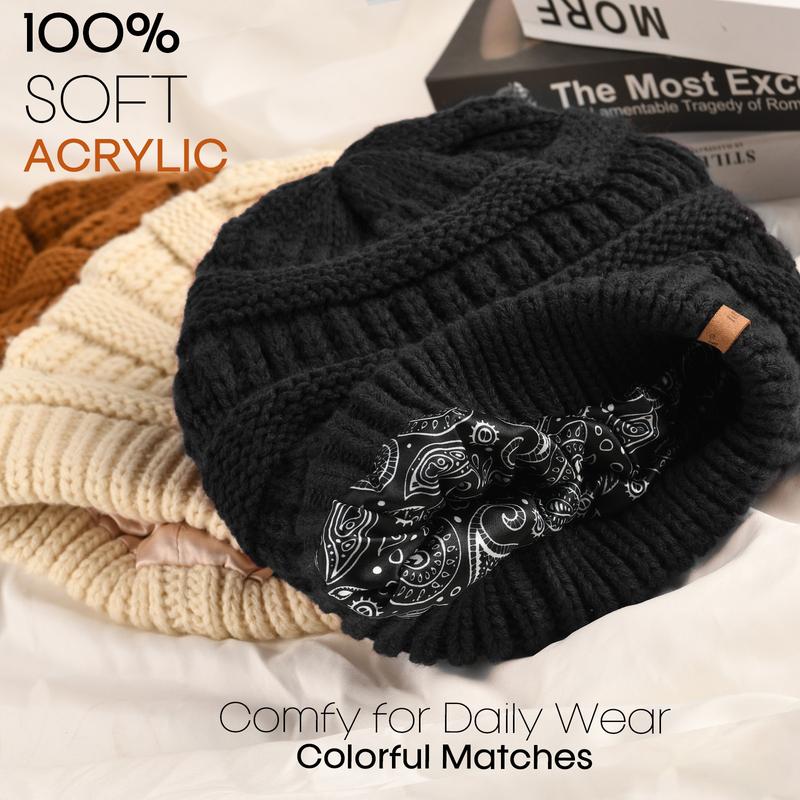 FURTALK Winter Beanie Hat for Women Satin Lined Cable Knit Chunky Slouchy Beanies Skull Warm Cap satin  hat