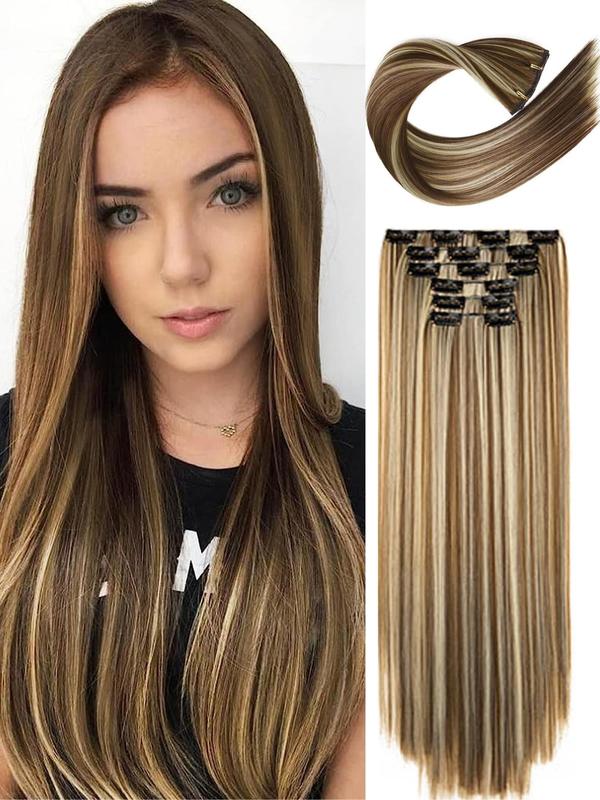 24 Inch Natural Plain Long Straight Synthetic Hair Extension, 6 Counts Clip-in Hair Extensions, Summer Trendy Matching Natural Wig Piece for Party, Club