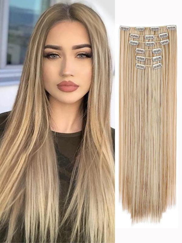 24 Inch Natural Plain Long Straight Synthetic Hair Extension, 6 Counts Clip-in Hair Extensions, Summer Trendy Matching Natural Wig Piece for Party, Club