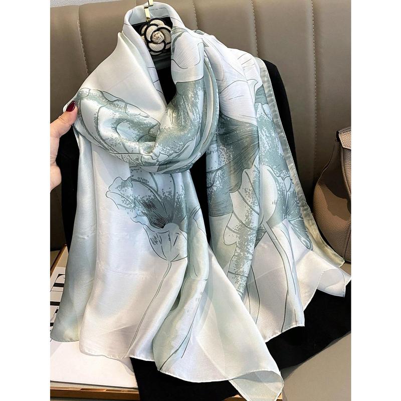 Fashion New Style Boho Ladies' Elegant Korean Style Bright Satin Floral Print Long Scarf, Smooth Lightweight Sunscreen Shawl, Suitable for Daily Life Winter Fall Christmas Gifts, Wedding Gifts, Birthday Gifts