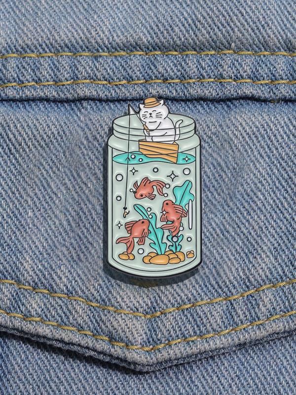 Cute Cartoon Cat & Fish Design Brooch, Fashion Alloy Badge for Clothes Hat Jacket, Enamel Pin Suitable for Backpacks, Jeans, Scarves, Hats Decoration Fixed Buckle, Casual Alloy Jewelry for Men & Women