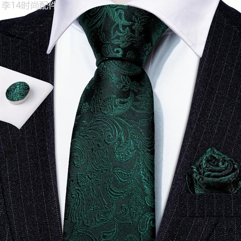 Vibrant Green Paisley Mens Fashion Tie Set - Luxury Floral Jacquard, Tie, Pocket Square & Cufflinks - Perfect for Wedding Parties, Ideal Gift for Him