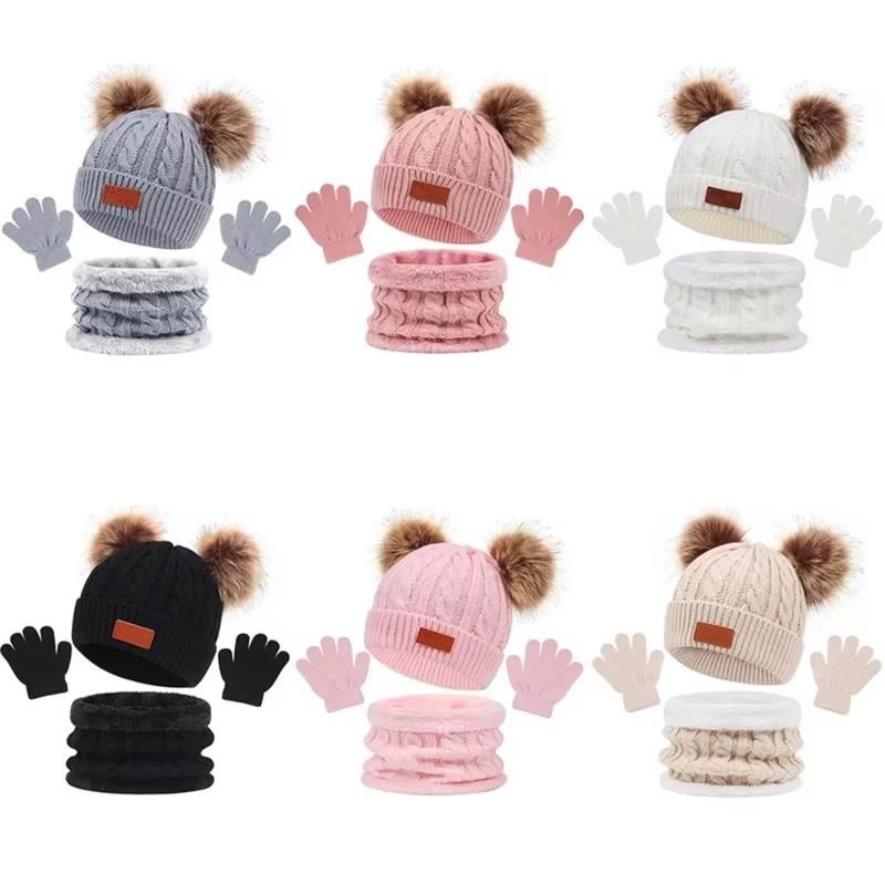 3Pcs Winter Hat Scarf Gloves Set Solid Color Bonnet Cute Pompom Knitted Hats Outdoor Warm Accessories