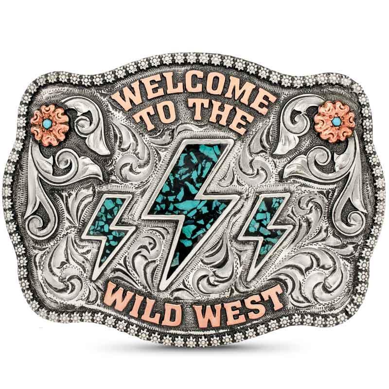 Wild West Belt Buckle | German Silver Base, Copper Lettering, 4 Turquoise Stones, Lightening Bolt Enamel Figure, Western Style