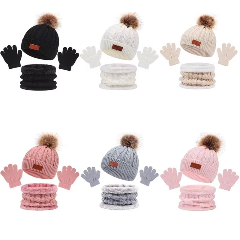 3Pcs Winter Hat Scarf Gloves Set Solid Color Bonnet Cute Pompom Knitted Hats Outdoor Warm Accessories