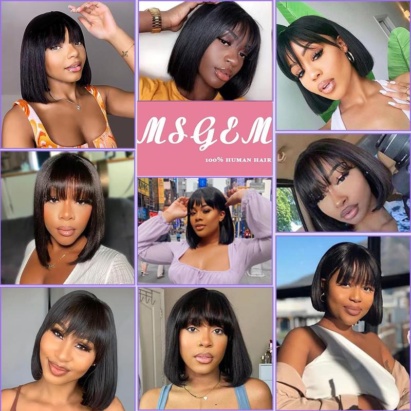 Clearance Msgem Hair Short BobWigs with Bangs Brazilian StraightHuman Hair Wigs 150% Density NoneLace Front Wigs Glueless MachineMade Bob Wigs for Black WomenNatural Color