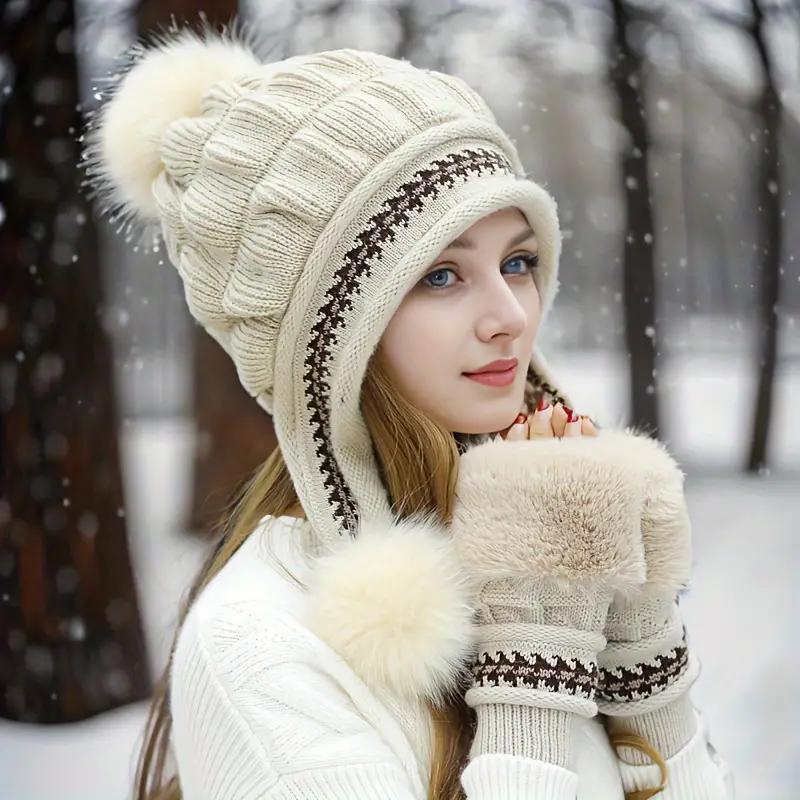 Women's Knit Hat & Gloves Set, 2 Counts Thickened Winter Warm Hat & Gloves, Outdoor Sports Accessories for Fall & Winter