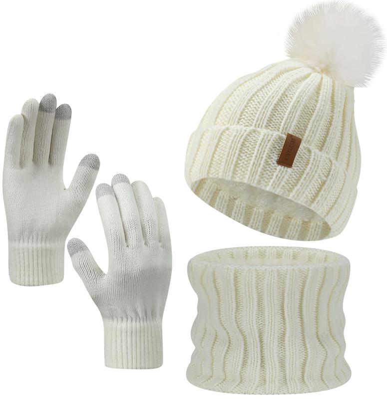 2024 Warm Knitted Skull Cap, Women's Winter Faux Fur Fleece Hat, Hat, Scarf and Gloves Set