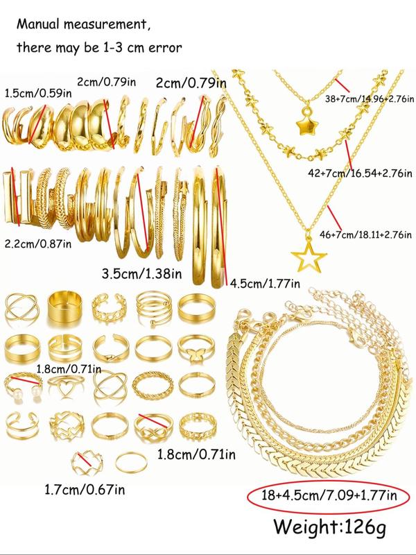 Women's Vintage Elegant Jewelry Set, Including Star Pendant Necklace & Hoop Earrings & Rings & Chain Bracelets, Chic Jewelry Set As Gift for Girlfriend