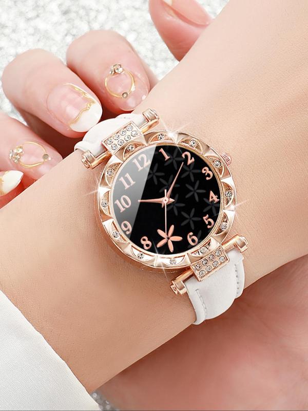 Women's Elegant Fashion Rhinestone Decorated Round Dial Quartz Watch, with Flower Design Bracelet Set, without Box, Exquisite Watch Set for Women & Girls