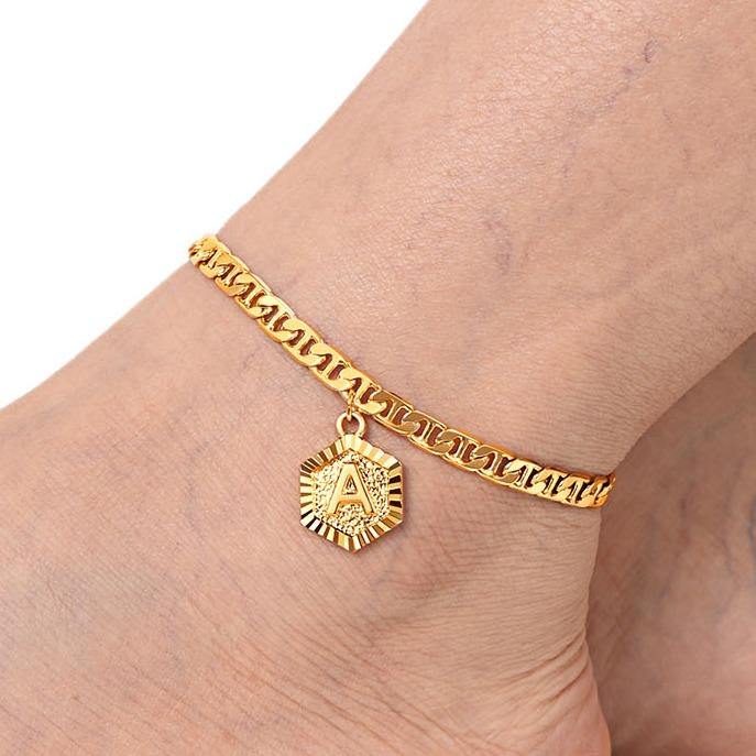 U7 Initial Pendant Anklet Heart Pendant Mariner Chain Figaro Chain Stu-Link Chain Anklet Ankle Bracelet Letter Pendant Golden Anklet Waterproof Summer Beach Jewelry for Women