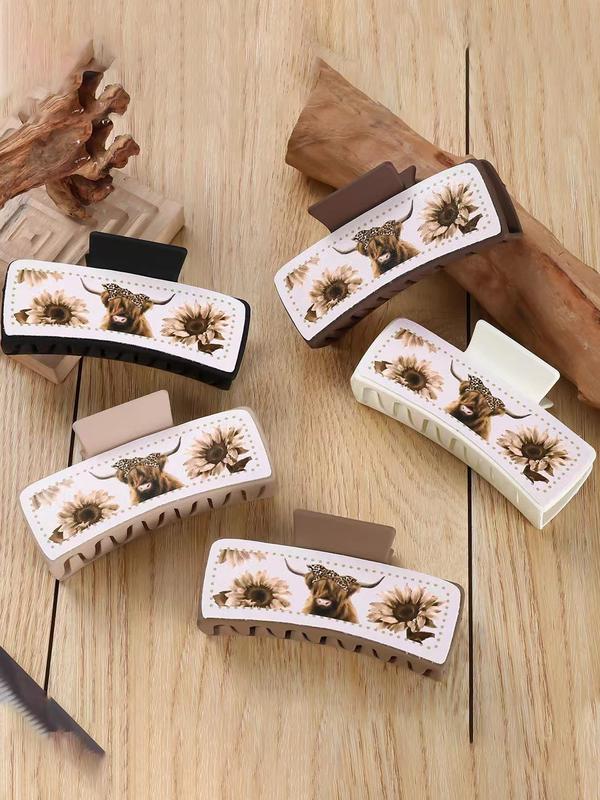 Western Cowboy Style Hair Claws, Sunflower & Bull Head Pattern Hair Claws, Fashion Hair Accessories for Women & Girls