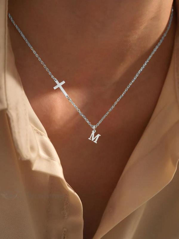 Fashion Initial Necklace for Women, Letter & Cross Pendant Necklace, Stainless Steel Matching Jewelry for Women for Party, Daily Decor, Trendy All-match & Exquisite Jewelry for Birthday Gift