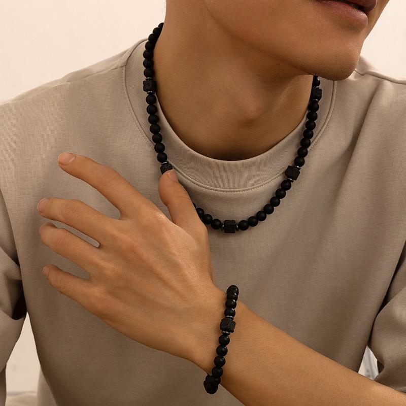 Men's Vintage Volcanic Stone Jewelry 2-Piece Set - Hip Hop Beaded Necklace and Bracelet, Very Fashionable and Versatile