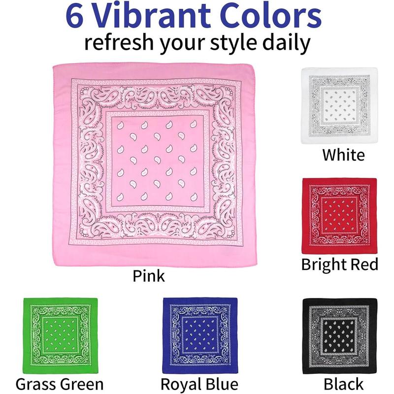 6 Pack Cotton Bandana, Multi-Purpose Square Handkerchief, Face Mask headband for Men and Women