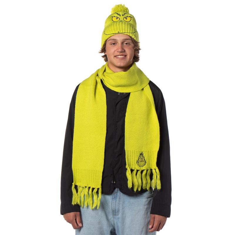 Dr. Seuss The Grinch Embroidered Design Adult Knit Scarf and Pom Cuffed Beanie Set