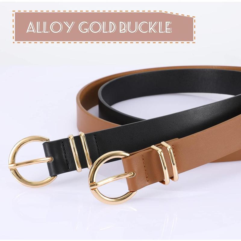 2 Pack women's leather belts for jeans dresses fashion gold buckle ladies belt