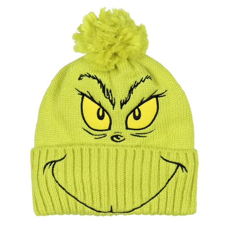 Dr. Seuss The Grinch Embroidered Design Adult Knit Scarf and Pom Cuffed Beanie Set