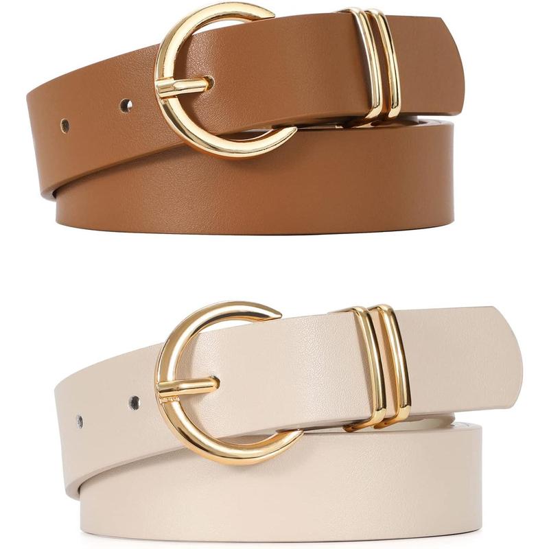 2 Pack women's leather belts for jeans dresses fashion gold buckle ladies belt