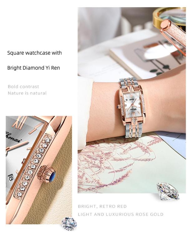 Women's Elegant Rhinestone Decorated Quartz Watch, Fashion Rectangle Dial Watch for Party, Daily Clothing Decor, Trendy All-match & Exquisite Watch for Birthday Gift with Box