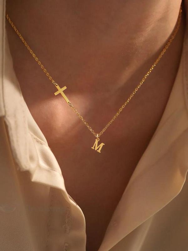 Fashion Initial Necklace for Women, Letter & Cross Pendant Necklace, Stainless Steel Matching Jewelry for Women for Party, Daily Decor, Trendy All-match & Exquisite Jewelry for Birthday Gift