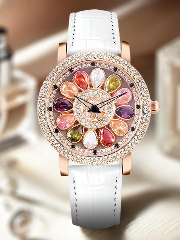 Women's Elegant Rhinestone Decorated Quartz Watch, Fashionable Round Dial Watch for Women & Girls, Trendy All-match & Exquisite Watch for Birthday Gift with Box