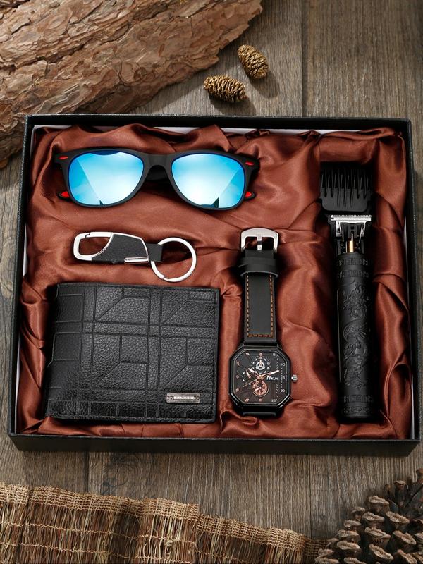 Men's Classic Business Quartz Watch & Accessories Set, 5 Counts set Casual Wristwatch & Full Rim Sunglasses & Bifold Wallet & Keychain & Hair Trimmer for Gift with Box