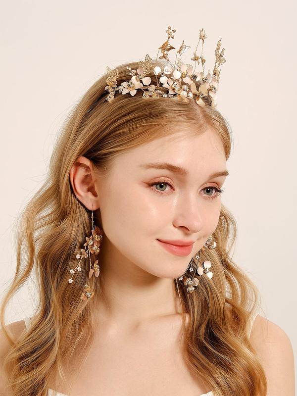 Women's Elegant Rhinestone & Faux Pearl Decorated Bridal Headwear, Exquisite Trendy Flower Design Headwear & Dangle Earrings, Chic Hair Accessories for Wedding Party