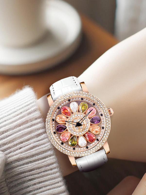 Women's Elegant Rhinestone Decorated Quartz Watch, Fashionable Round Dial Watch for Women & Girls, Trendy All-match & Exquisite Watch for Birthday Gift with Box