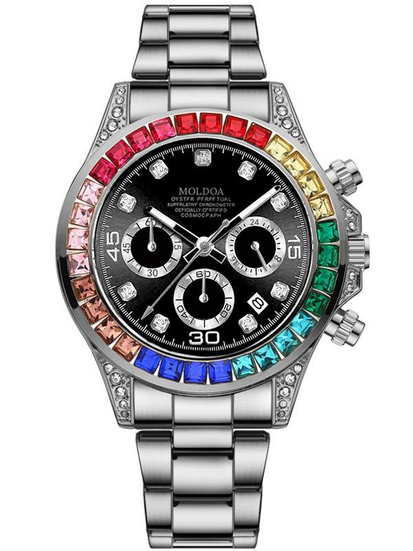 Men's Business Fashion Colorblock Rhinestone Decorated Analog Quartz Watch, Daily Clothing Decor, Trendy All-match & Exquisite Watch for Birthday Gift with Box