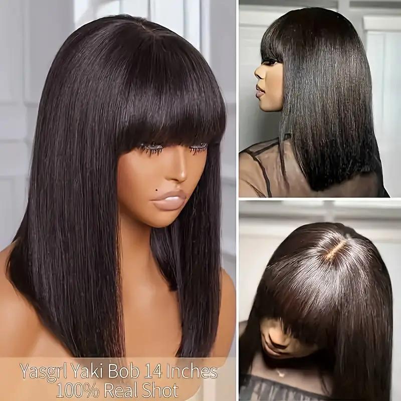 Looxey Bob Wig With Bangs Human Hair Straight Bang Bob Wig Glueless 2.5x1 HD Lace Realistic Look Scalp Blunt Cut Short Bang Bob Human Hair Ready to Go Wigs For Black Women